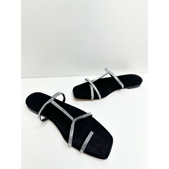 Lafayette 148 New York Sandals Size 7.5US Black Leather Rhinestone Slip‎ On Shoe - Picture 5 of 10